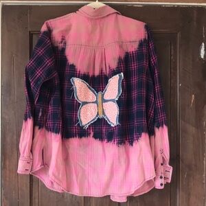 Upcycled Distressed Plaid Shirt with Butterfly Patch